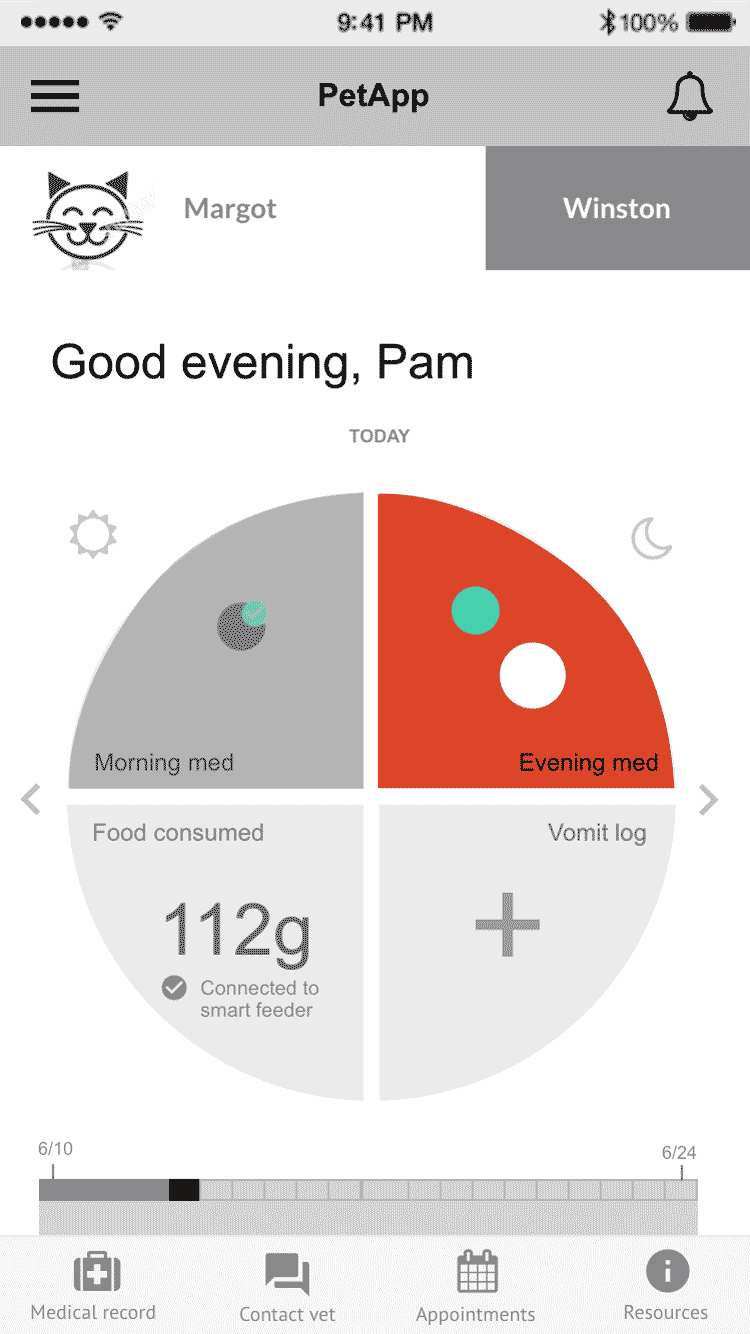 Low fidelity wireframe of Pam's tasks screen with one task completed
